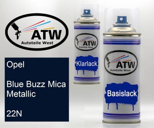 Opel, Blue Buzz Mica Metallic, 22N: 400ml Sprühdose + 400ml Klarlack - Set, von ATW Autoteile West.